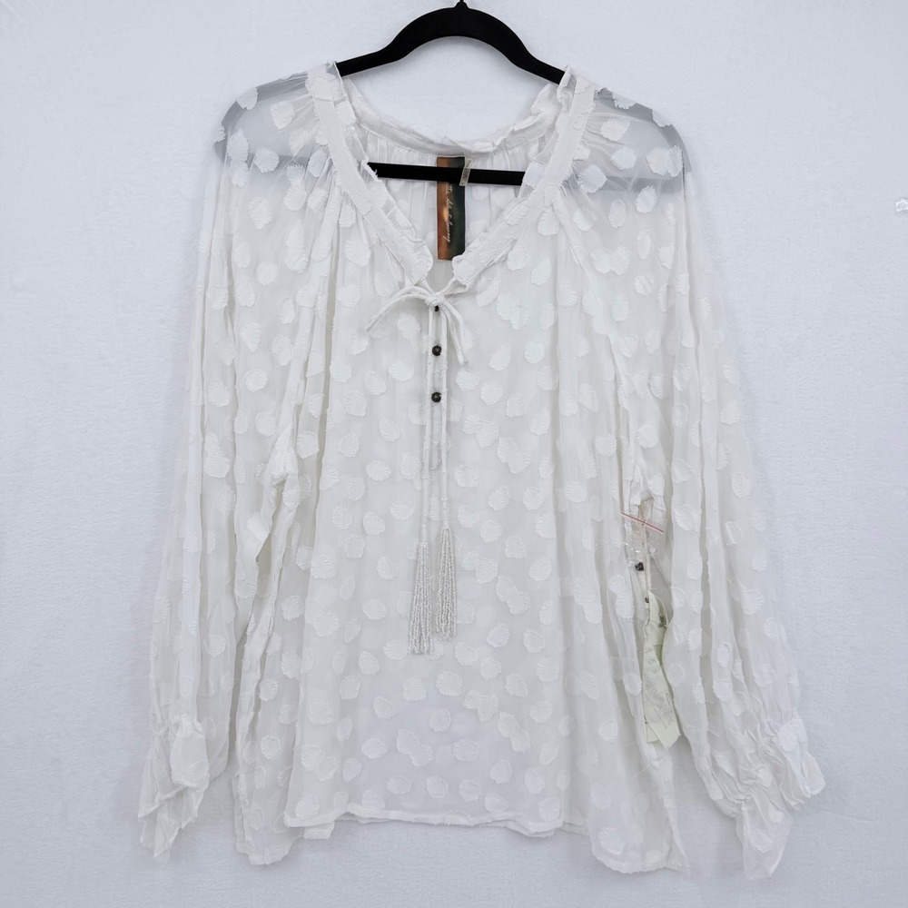 Aratta Silent Journey White Swiss Dot Beaded Tassel Blouse Top Large Coastal